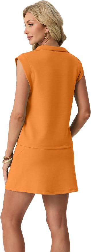 GRECERELLE Women's 2026 Summer 2 Piece Skort Sets Cap Sleeve Zip Collared Top Matching Tennis Skirt with Pockets for Athletic