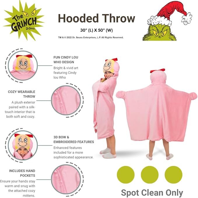 Dr. Seuss The Grinch Cindy Lou Hooded Throw - Kids Holiday Christmas Bedding Super Soft Throw Blanket - 30 in x 50 in, (Officially Licensed Product) by Franco