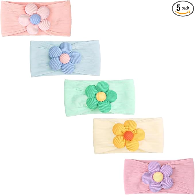 CÉLLOT 5 Pcs Baby Flower Headbands Baby Girls Nylon Headbands Soft Hairbands Hair Accessories for Newborn Infant Toddler Kids(Vibrant Color