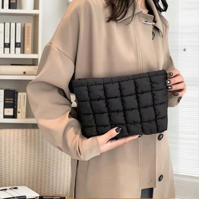 Soft Checkered Quilted Puffy Makeup Bag for Women, Aesthetic Puffer Cosmetic Bag Pouch for Purse (Black)