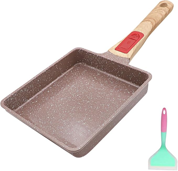 AIKENBBKK Tamagoyaki Pan Ceramic, Japanese Omelette Pan Nonstick, Japanese Egg Pan, Square Egg Pan, Induction-Ready, Detachable Handle, with Silicone Spatula, PFAS&PFOA-Free,Oven Safe,Brown,7.5”x6.8”