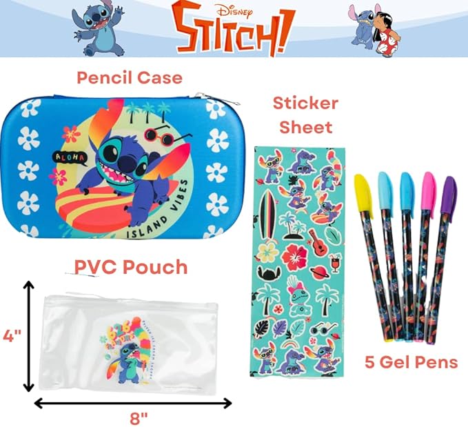 Innovative Designs Disney Stitch Pencil Case Set with Stickers and Gel Pens for Kids, Molded with Zip Closure, Blue