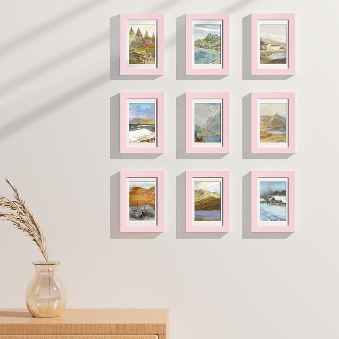 Vittanly 4x6 Picture Frames Set of 9 for Wall or Tabletop Display, Pink | Display Pictures 3.5x5 with Mat or 4x6 without Mat, Small Photo Frames, Engineered Wood with Shatter Resistant Plexiglass