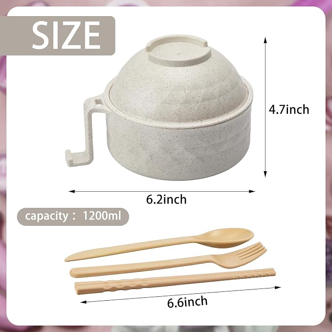 1 Set Microwave Ramen Cooker 40oz Wheat Straw Microwave Noodle Bowl Set with Chopsticks, Spoon, Fork, College Dorm Office Apartment Essentials (Beige)