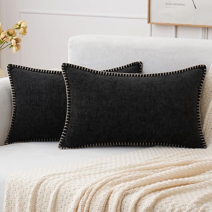 MIULEE Decorative Lumbar Throw Pillow Covers 12x20 Inch Black 2 Pack | Farmhouse Pillow Covers with Stitched Edge, Soft Chenille Cushion Cases, for Couch Sofa Bed Living Room Home Decor