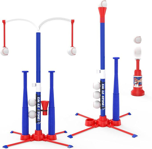 EagleStone 3-in-1 Toddler T Ball Set for Kids 3-5, 5-8, 2 Baseball Bats,Adjustable Height Hanging Tee,Tball Batting Stand,Ball Launcher. Outdoor/Indoor Baseball Toys for Toddlers, Backyard Sports Gift