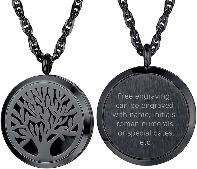 PROSTEEL Personalized Customize Tree of Life Black Necklace Perfume Locket Essential Oil Diffuser Hollow Pendants Men Women Aromatherapy Jewelry Custom Engrave Text Valentine Gift