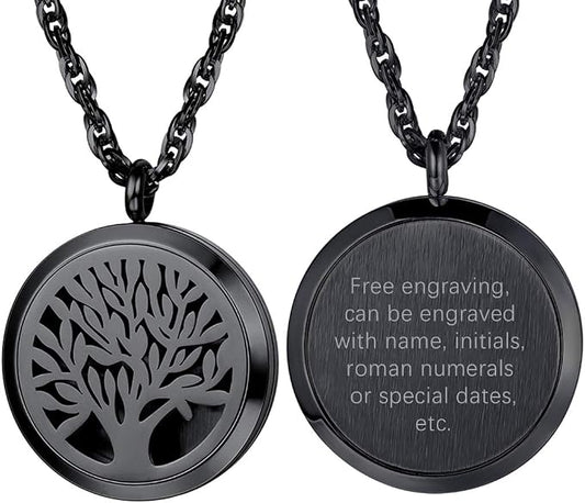 PROSTEEL Personalized Customize Tree of Life Black Necklace Perfume Locket Essential Oil Diffuser Hollow Pendants Men Women Aromatherapy Jewelry Custom Engrave Text Valentine Gift