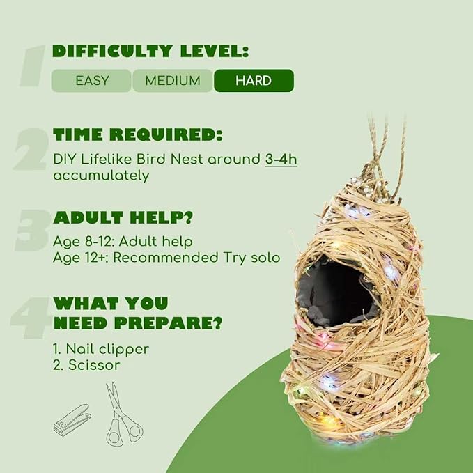 CHARTEKS Bird Nest Craft Kit with LED String Lights - DIY Nature Arts and Crafts STEM Project for Kids & Adults, Creative Home Decor Gift for Boys Girls Ages 8-12