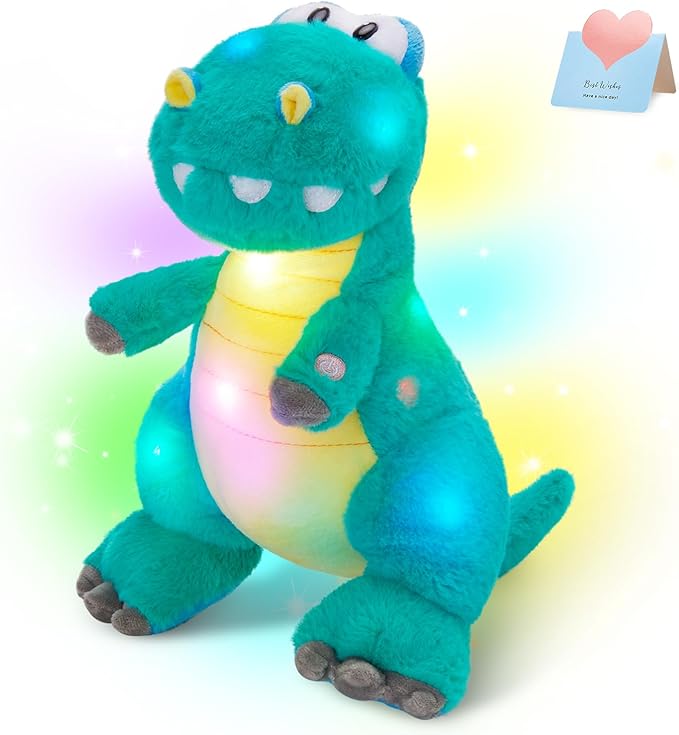Houwsbaby 13'' Green LED Glowing Dinosaur T-Rex Light Up Stuffed Animal Night Light Plush Toy Hugging Soft Kawaii Gifts for Kids Boys Girls Decoration Holiday Birthday Present