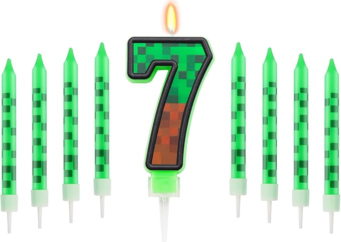 Pixels Themed 7th Birthday Candle, Pixels Cake Topper for Boys Girls, 9 Pcs Candle Set, Game Cartoon Theme Birthday Party Supplies (Number 7)