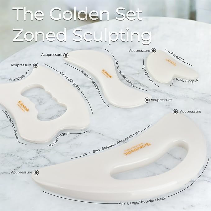 Scienlodic 4 Pcs Gua Sha Massage Tools for Face & Body (White, Resin) - Guasha Scraping Tool for Jawline Contouring, Puffiness Reduction, Neck, Back, Legs & Muscle Relaxation