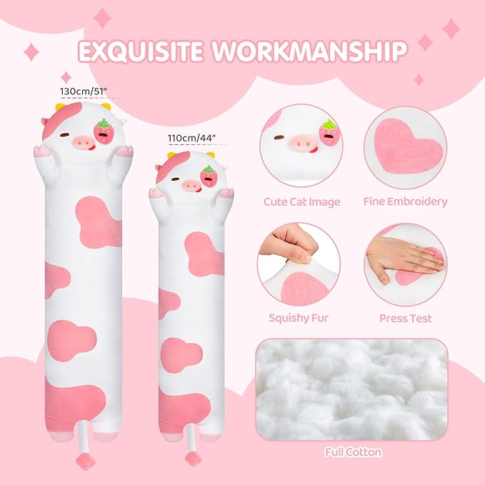 Long Cow Plush 5 Sizes, 120% Extra Filling Giant Plushness Kids Body Pillow, Kawaii Cute Strawberry Cow Stuffed Animals Plushies, Big Long Body Pillow Cat Plush Gift for Girls 53”