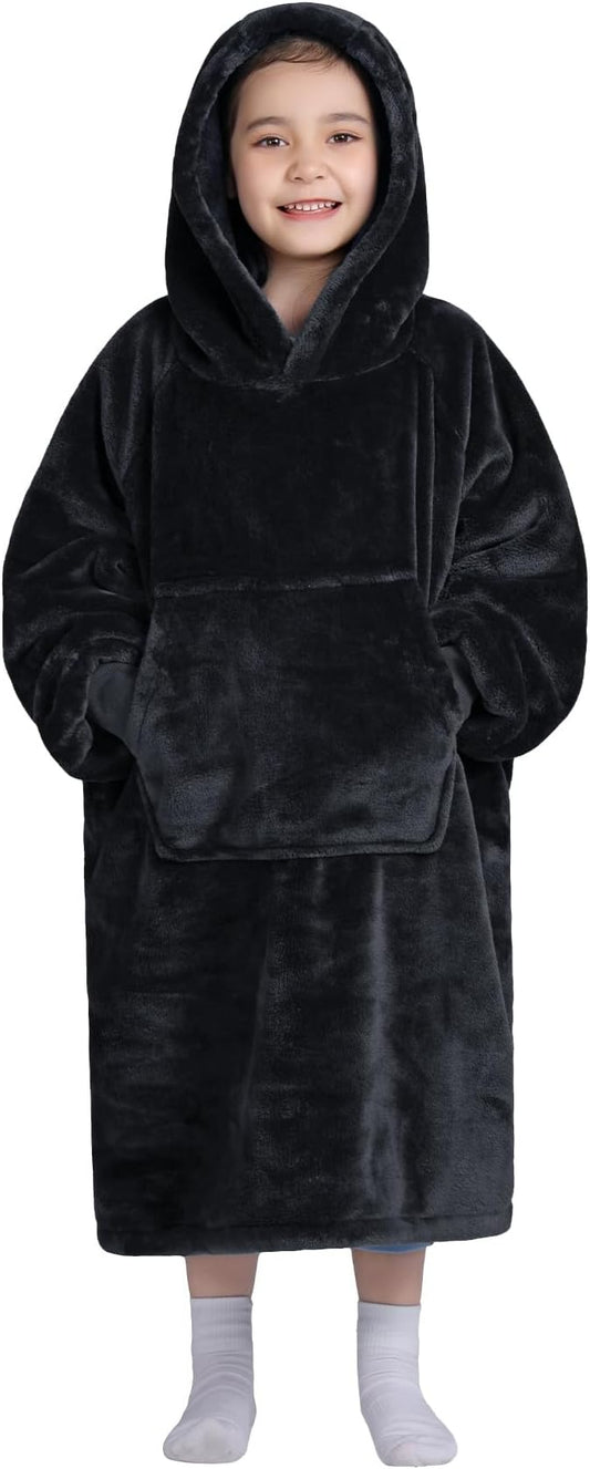 Waitu Wearable Blanket for Kids, Cozy Wearable Blanket Hoodie for Teens Girls Boys, Warm Blanket Sweatshirt Gift for Teenage, Hoodie Blanket with Sleeves and Giant Pocket - Black