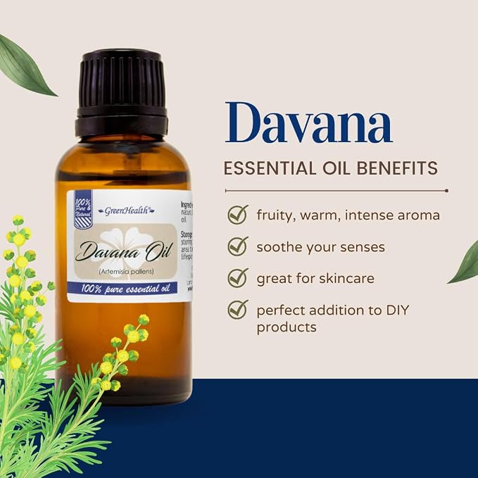 Davana Essential Oil – 5 ml – 100% Pure & Natural – Therapeutic Grade – Amber Glass Bottle with Euro Dropper – GreenHealth