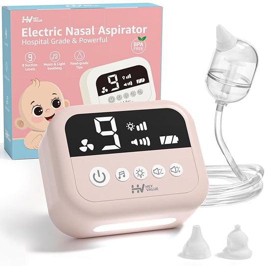 HEYVALUE Nasal Aspirator for Baby, Hospital Grade Nose Sucker with 9 Levels Suction, Night Light and Nursery Rhyme Soothing, Electric Nose Suction for Baby with Food-Grade Silicone Tips Pink