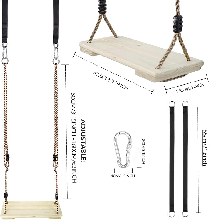 KINSPORY Wooden Swing Seat, Outdoor Swing Set Accessories for Backyard, Height Adjustable Rope with Hanging Tree Straps Kit for Porch Patio Garden Playgroud (Light Yellow)