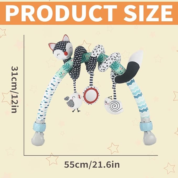 Caterbee Baby Stroller Arch Toys, Black and White Hanging Toy Activity Set, Stretch & Spiral Adjustable Clamp for Cribs & Car Seats, Includes Rattles, Squeaker & Teether for Newborns and Infants (02)