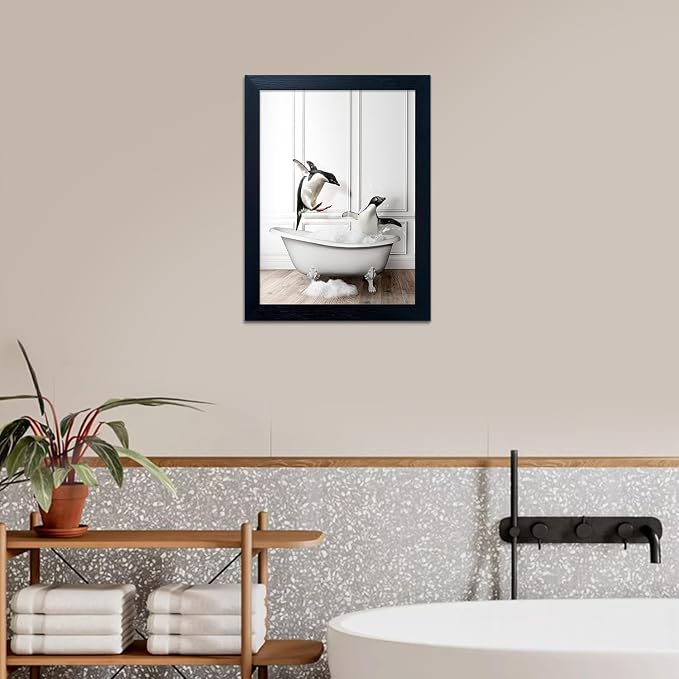 Kids Bathroom Wall Decor Funny Bathroom Wall Art Black and White Wall Decor Cute Penguins in Bathtub Canvas Print Painting Framed Farmhouse Animal Artwork