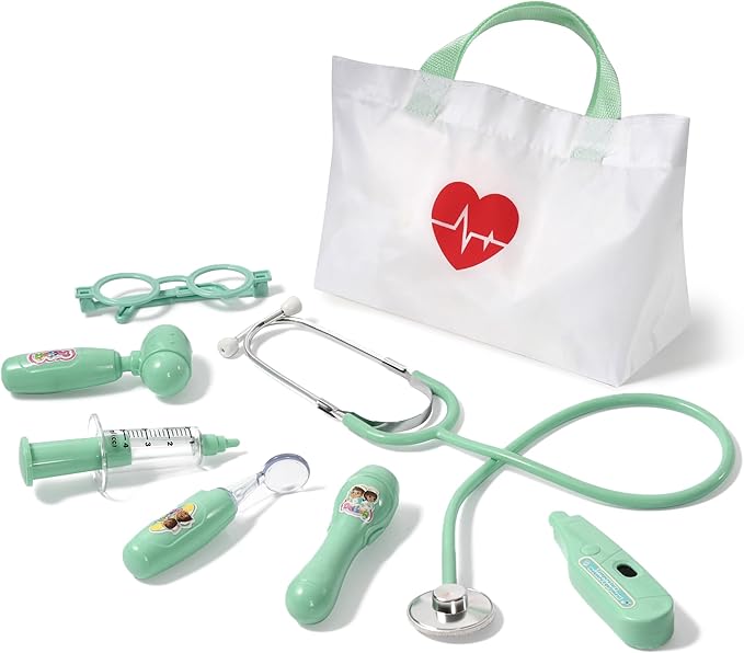Kids Doctor Kit, 8 Pieces Kids Doctor Playset with Medical Storage Bag & Real Stethoscope, Pretend Play Doctor Toys for Toddler Boys Girls Aged 3 4 5 6 (Green)
