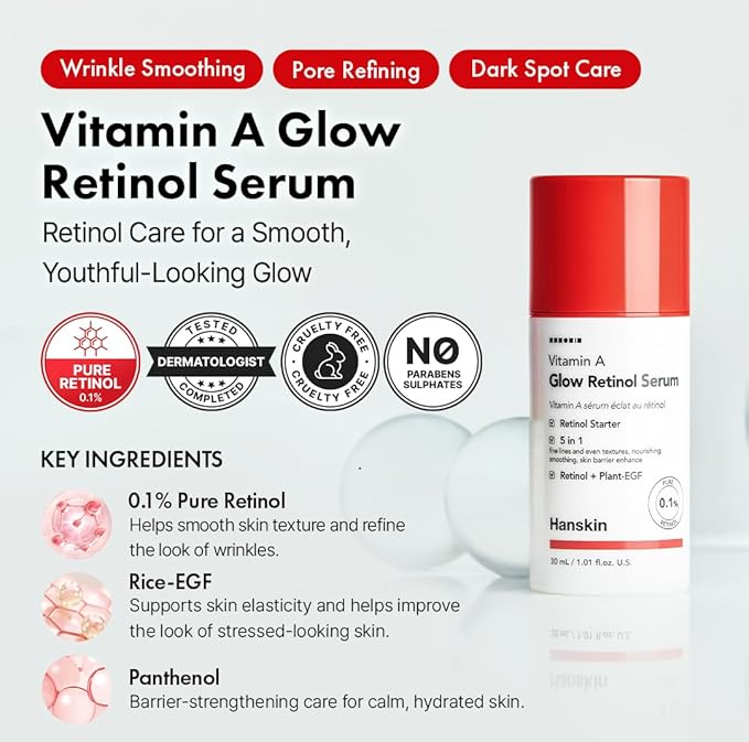 Hanskin 0.1% Pure Retinol Facial Serum for Face, Reduce Fine Lines & Wrinkles, Signs of Aging for Day & Night, Smoothing Firming Revitalizing, Animal Testing Free, Korean Skincare, 30ml/1.01 FL Oz