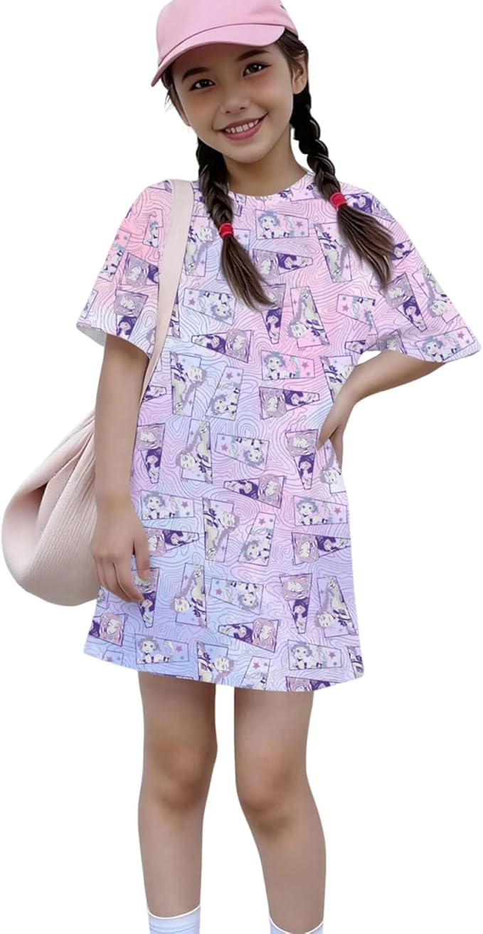 Girl's Anime K-POP Graphic Long Dress T-Shirt - Casual Loose Fit Short Sleeve Top