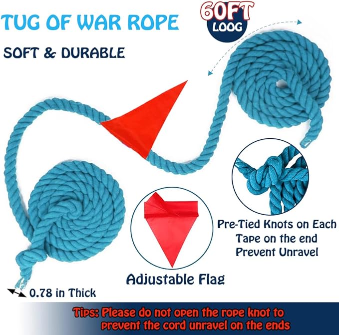60 Feet Tug of War Rope for Kids and Adults, Outdoor Games Summer Outdoors Yard Backyard Camping Lawn for Field Day Family Reunion Birthday Party Team Building Activities Carnival