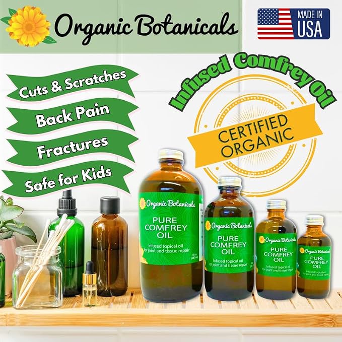 Pure Organic Comfrey Leaf Infused Oil - Skin Care for Joints, Back, Muscles, Fractures, Bruises, and Minor Wounds, Natural Herbal Body Massage Oil, Certified Organic (2 oz)