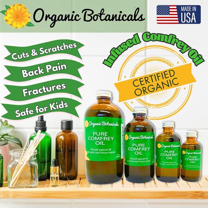 Pure Organic Comfrey Leaf Infused Oil - Skin Care for Joints, Back, Muscles, Fractures, Bruises, and Minor Wounds, Natural Herbal Body Massage Oil, Certified Organic (16 oz)