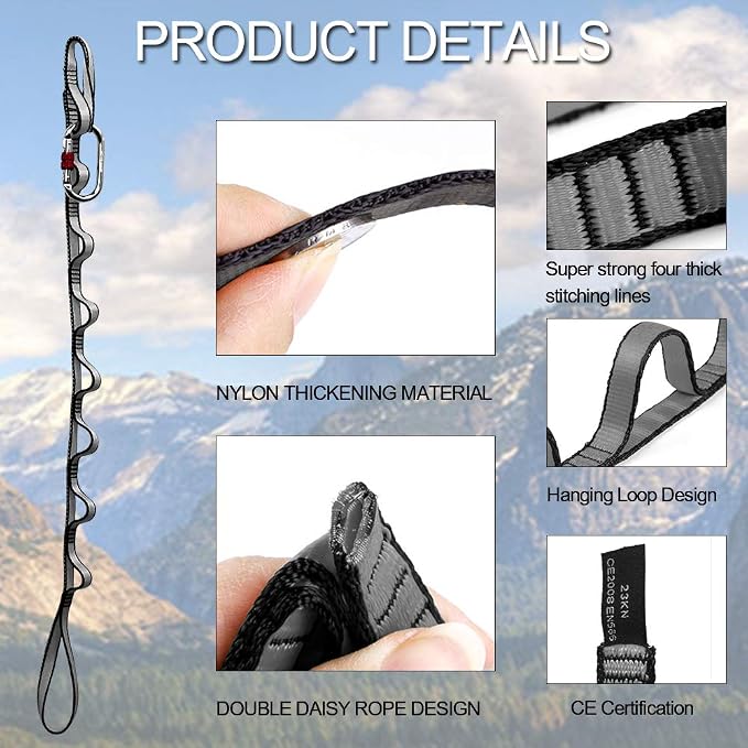 DASKING 23KN (5070 lbs) Heavy Duty Straps - 2 Pack Adjustable Daisy Chain Webbing for Aerial Yoga, Hammock, Fitness & Rigging - CE/EN566 Certified, Red/Grey