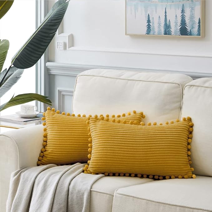 Fancy Homi 2 Pack Mustard Yellow Lumbar Decorative Throw Pillow Covers 14x24 Inch with Pom-poms for Living Room Couch Bedroom, Soft Corduroy Solid Cushion Case 35x60 cm, Rustic Farmhouse Home Decor