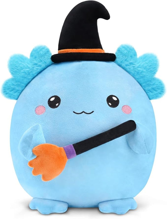 Halloween Axolotl Stuffed Animals, Axolotl Witch with Broom Stuffed Plush Halloween Party Gifts for Kids, Girls and Boys（Blue）