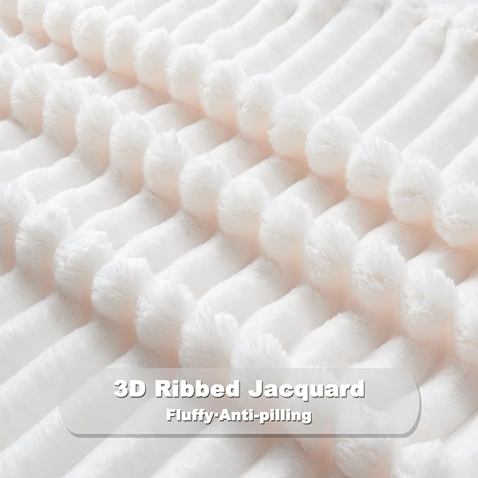 NEWCOSPLAY Super Soft King Blanket Ivory Premium Silky Flannel Fleece 3D Ribbed Jacquard Lightweight Bed Blanket All Season Use (Ivory Ribbed, King(90"x110"))