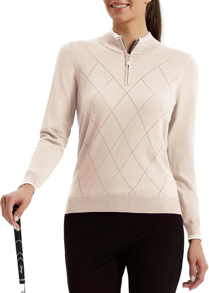 JACK SMITH Quarter Zip Pullover Sweaters for Womens, Rib Polo Sweater Tops | V Neck,Knit,Long Sleeve,Argyle,Open Pattern,Callar,Lightweight,Fashion,Golf Work Business Daily Wear Versatile Pullover Shirt