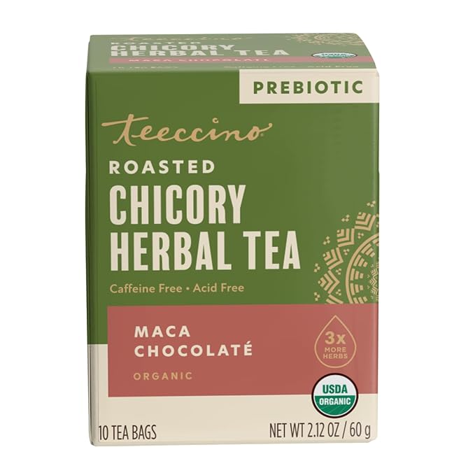 Teeccino Maca Chocolaté Herbal Tea - Rich & Roasted Herbal Tea That’s Caffeine Free & Prebiotic with Natural Energy from Adaptogenic Peruvian Maca, 10 Tea Bags