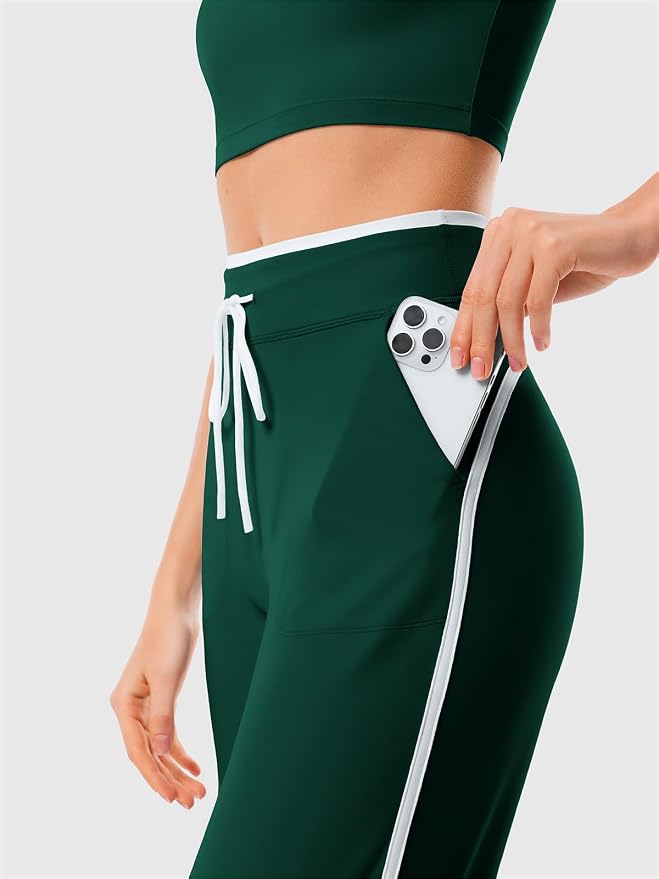 Women's Wide Leg Yoga Pants with Side Stripe, High Waisted Color Block String Lounge Pants, Workout Flowy Track Pants with Pockets