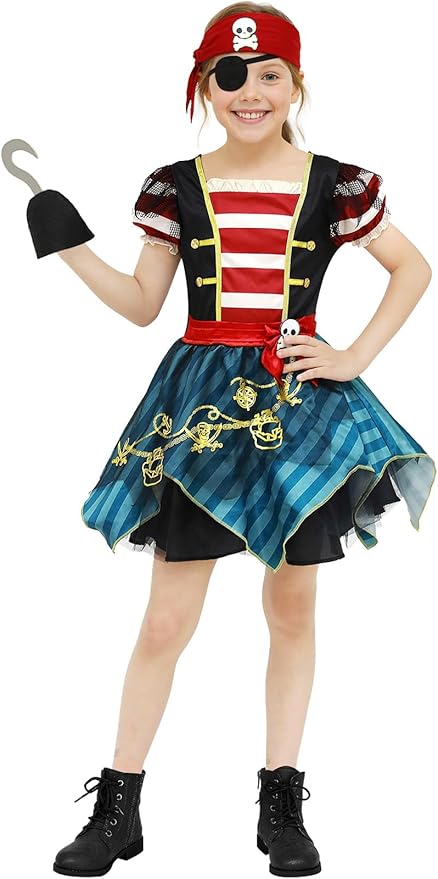 Halloween Pirate Costume Kids Girls - Pirates Outfit Set with Accessories for Pretend Play Dress Up Themed Party