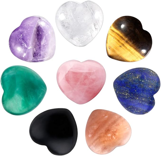 SUNYIK Assorted Crystal Stone Carved Puff Heart Pocket Stone Set, Healing Palm Crystal Set for Christmas, Pack of 8(1'')