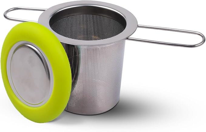 Tea Infuser Stainless Steel Tea Strainer Folding Handle Tea Filter Extra Fine Mesh Strainer Brewing Basket with Lid for Loose Leaf Tea (Green)