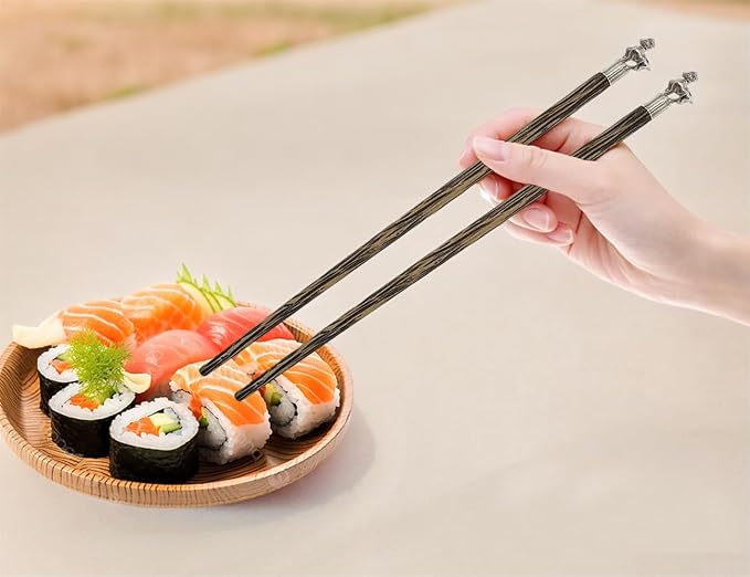 Wooden Chopsticks 9⅞" Long Coconut Palm Wood Chopstick With Metal Goat Top Eating Utensils Oriental Cutlery Asian Tableware Decorative Dinnerware to Serve Chinese Japanese Korean Food