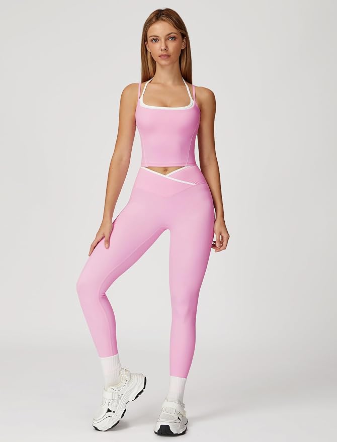 ABOCIW Workout Sets for Women 2 Piece Color Block Strappy Sports Bra High Waist Shorts Gym Yoga Pilates Outfits
