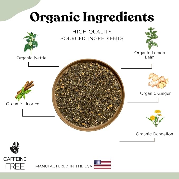 Organic Stinging Nettle Tea Loose Leaf Tea Bags – Soothing Tea for Allergy Relief and Sinus Relief, Lemon Balm, Licorice Root, Caffeine Free, AIP Herbal Seasonal Blend, 15 Count