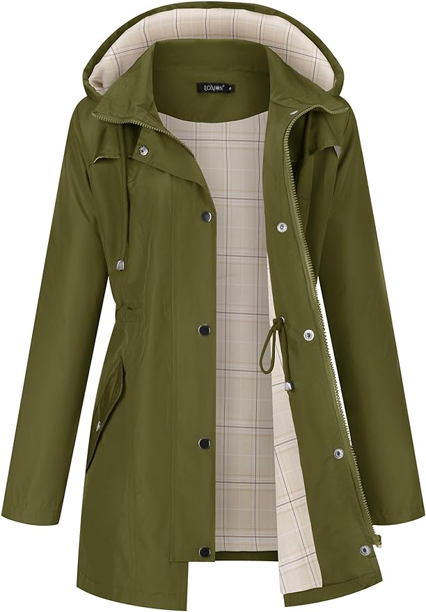 LOMON Women Waterproof Outdoor Hiking Raincoat Women Lined Rain Jacket Lightweight Hooded Jackets Trench Coats