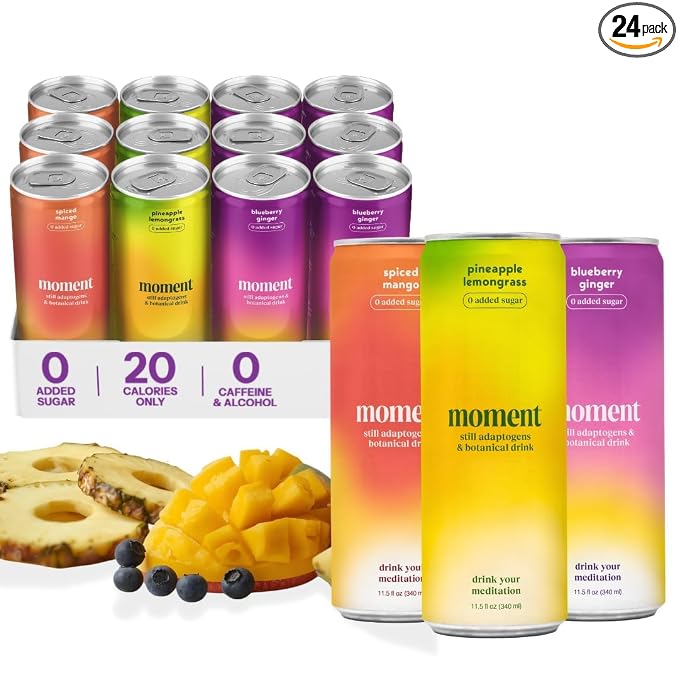 Moment Adaptogen Drink (Shark Tank) - Non Carbonated Botanical Tea - Calm, Clarity & Relaxation with L-Theanine & Ashwagandha - Non Alcoholic Drinks - 0 Sugar 0 Caffeine - 24 Pack 11.5 fl oz