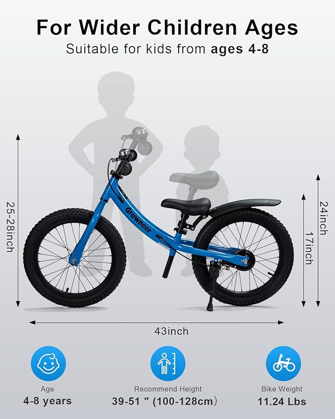 GROWNEER 16" Kids Balance Bike for 4-8 Year Old Boys Girls, Lightweight High Carbon Steel Frame Bicycle, Adjustable Padded Seat & Handlebars, Rear Brake, All-Terrain