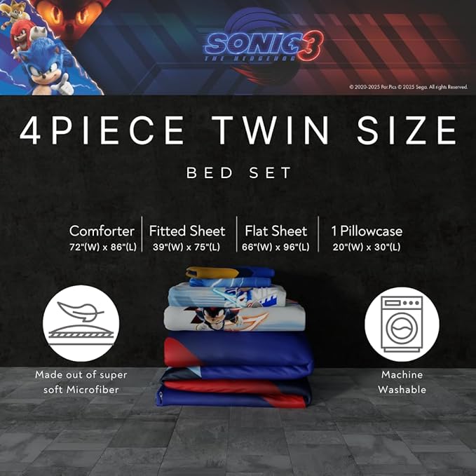 Sonic The Hedgehog 3 Movie Kids Bedding Super Soft Comforter and Sheet Set, 4 Piece Twin Size, (Officially Licensed Product) by Franco | Durable, Reversible, Officially Licensed