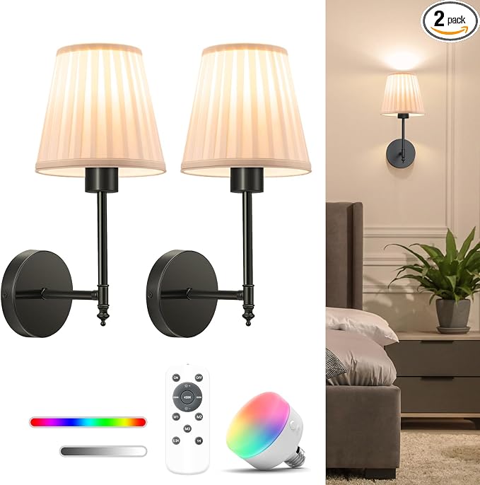14.5 inch Battery Operated Wall Sconce Set of 2,Beige-Black Rechargeable Wall Lights with 10400mAh Dimmable Bulbs and Remote, 9 Colors Wireless Wall Lamps for Bedroom Living Room