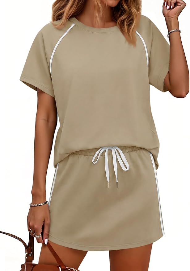 Womens 2 Piece Skirt Sets Summer Tennis Outfits Vacation Skort Set | Two Piece Sets, Short Set, Athletic Workout Golf Outfits, Crew Neck, Color Block, Drawstring, Workout Mathcing Lounge Sets