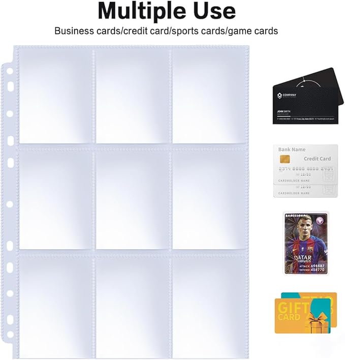 HERKKA Trading Card Sleeve Pages, 100 Pack 9 Pocket Album Pages 11 Holes Fit 3 Ring Binder