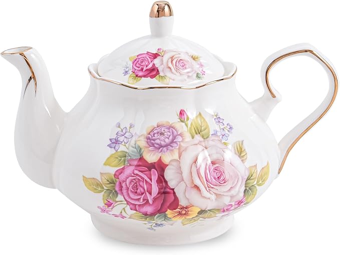 Agyiuns Flower Ceramic Teapot,22oz Porcelain Tea pot for Tea Coffee Milk for Office Home Men Women as Gift (Rose)